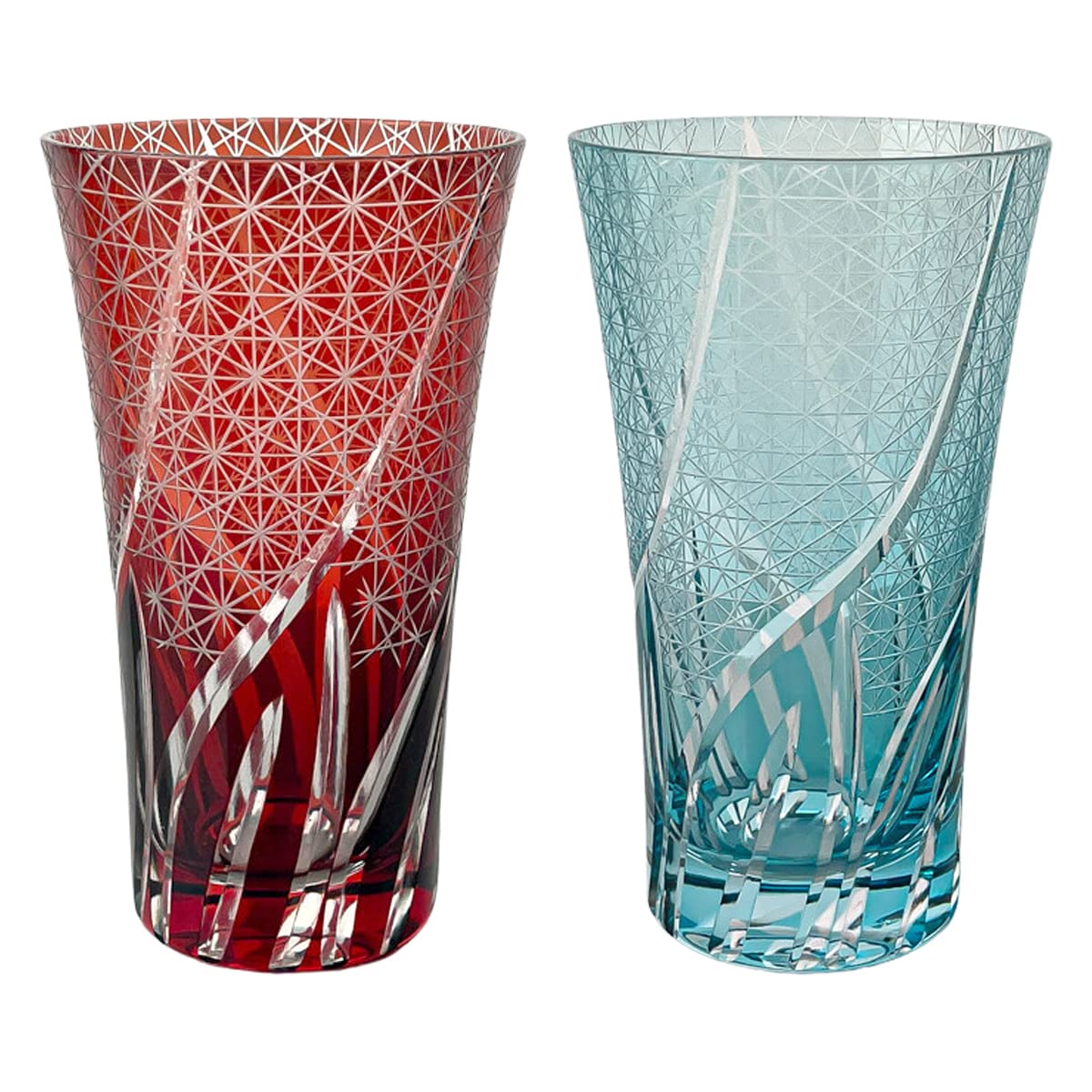 

Retro Kiriko Pair of Glass x Ranbori Komon Blue Current Model J-kitchens Cups, Long, 8.6 14.8cm, 400cc, (Sky & Red) Design, Kasho,