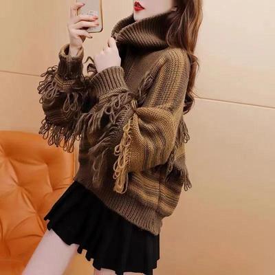 Sweaters for Women Autumn and Winter High Neckline with Striped Tassel Zipper Knit Bottoms Long Sleeve Sweater Pullover Female