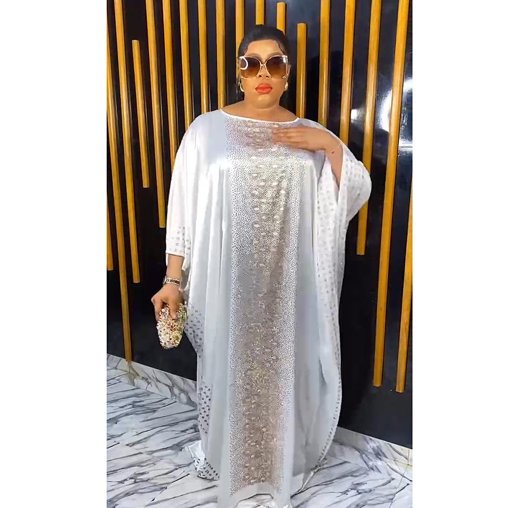 Plus Size Adjustable Belt Dresses Women's Drill Silk Satin Bat Sleeve Long Dress