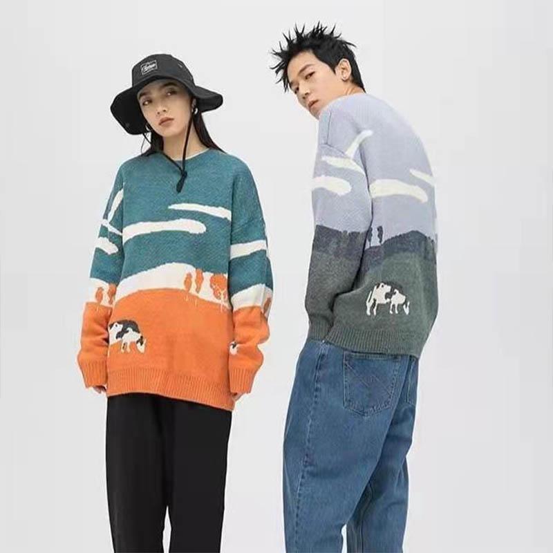 Retro Style Round Neck Cow Pattern Sweater Men's Winter Fashion Pullover Women's Casual Knitwear