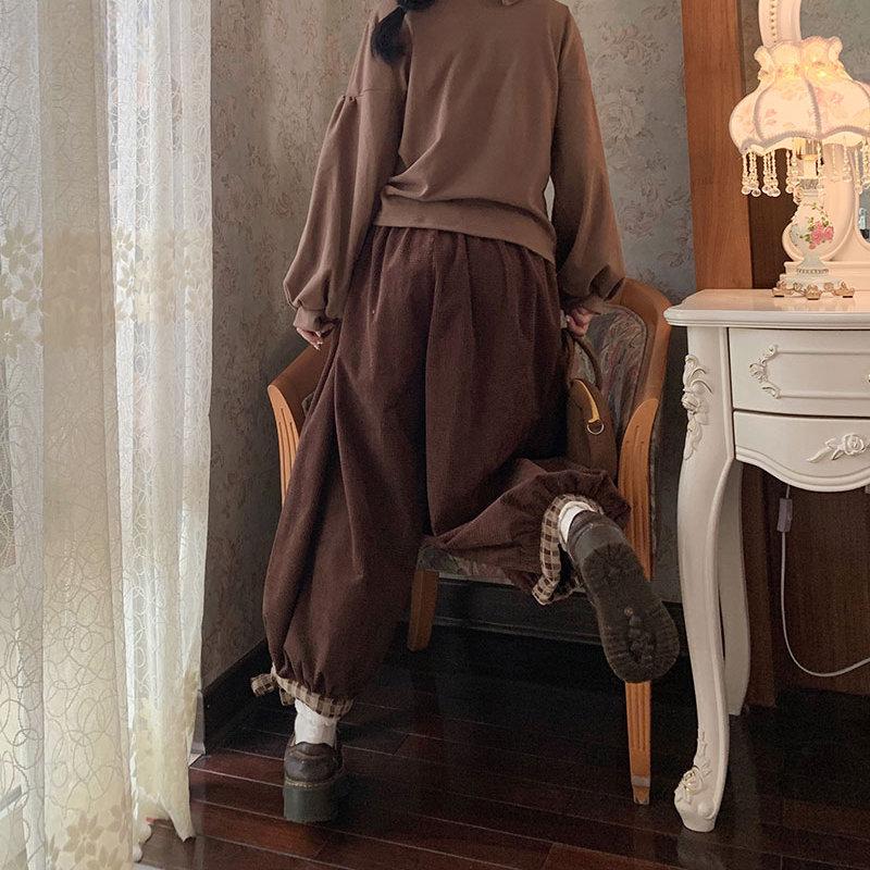 Japoński słodki kwiat sztruks szerokie nogawki spodnie na co dzień kobiety w stylu Vintage śliczne luźne spodnie dziewczyny Harajuku spodnie dresowe Kawaii Bloomers