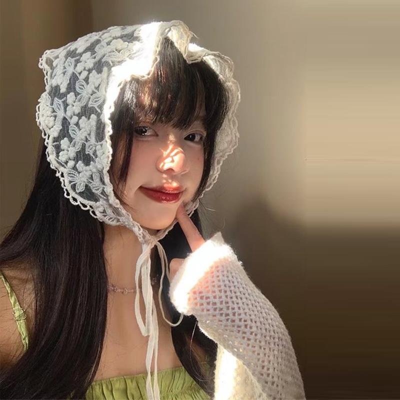 White Woven Floral Lace Hair Scarf Wraps Women Retro Triangle Headscarf Hat Travel Photo Headband Hair Accessories French Style