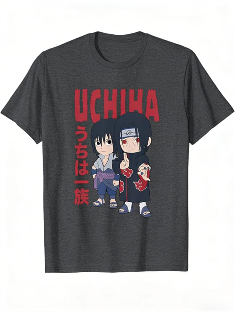 Naruto Uchiha Brothers Q Style Tshirt for Men with Anime Pattern Printed Short Sleeve Fashion High Quality Trendy Cotton Top