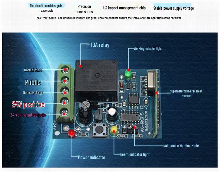24V DC Single-Channel Remote Switch with Passive Output & Round Self-Locking Remote