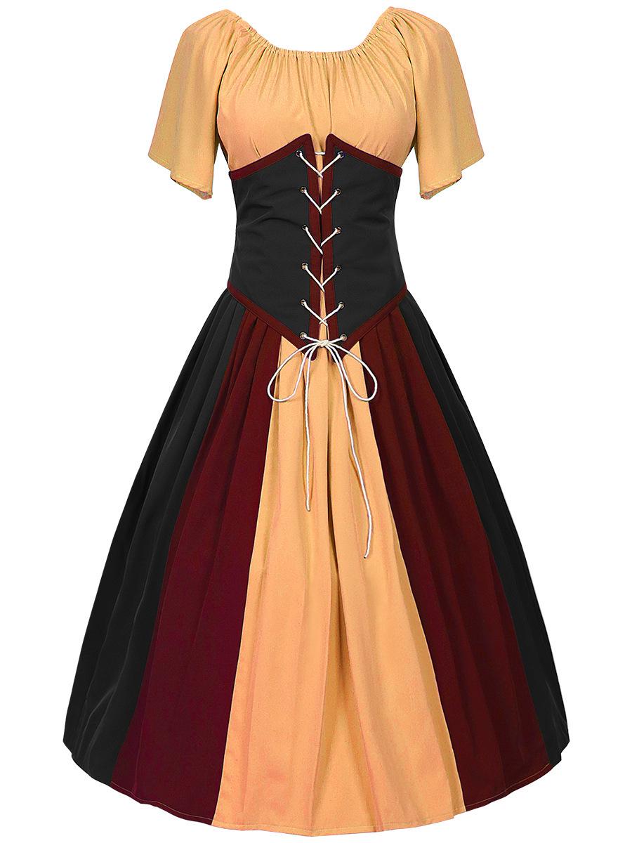 

Платье в средневековом ретро-стиле с контрастной талией, юбкой, рукавами-фонариками и дизайном на одно плечо Small