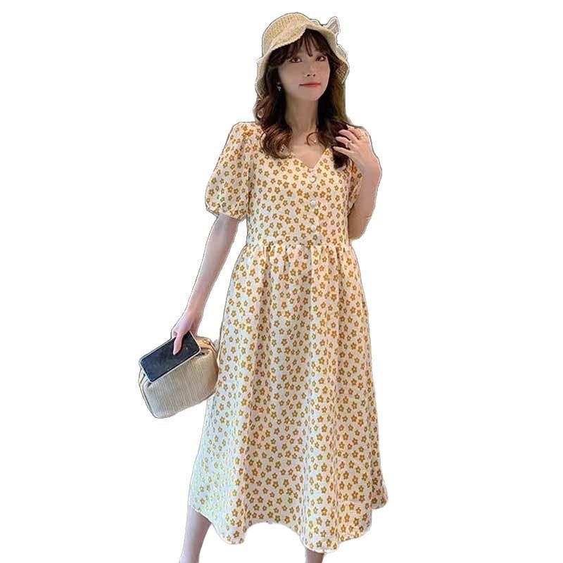 Maternity clothing, summer clothing, fashion temperament, collar, floral buckle, breastfeeding, large size, medium and long dress