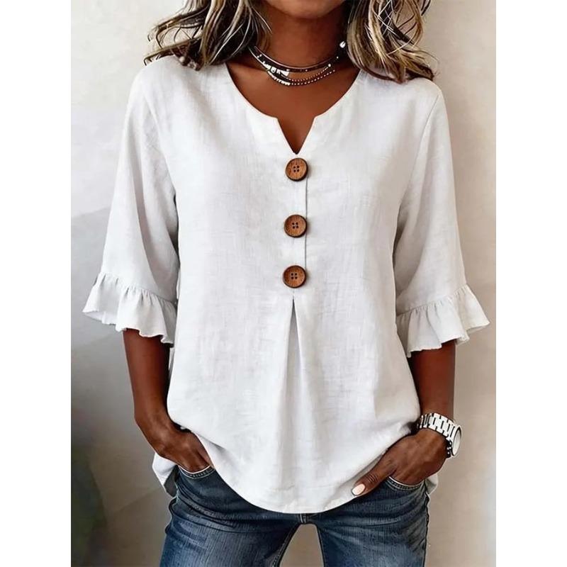 Women s V Neck 3/4 Sleeve Ruffle Cuff Button Detail Solid Casual Blouse S белый
