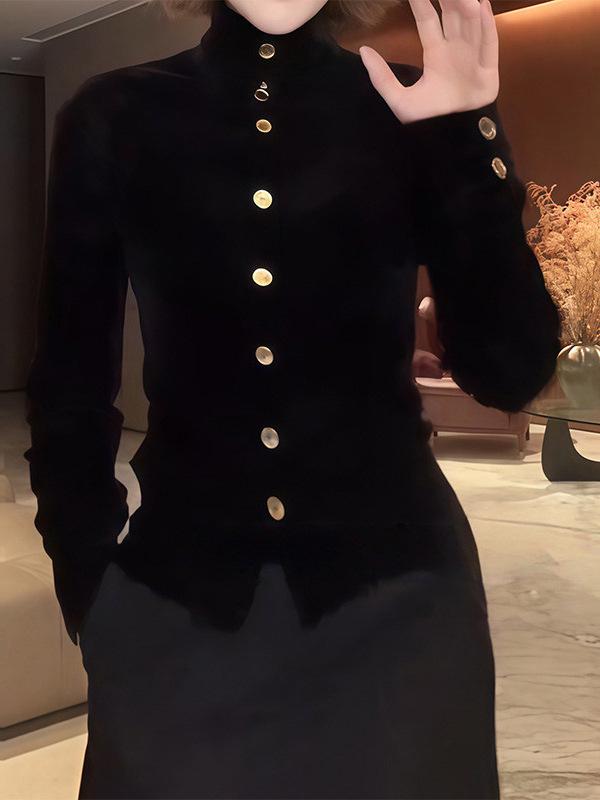 Women's Designer Velvet Long-Sleeve Top with Gold Buttons - Early Spring 2026 Collection