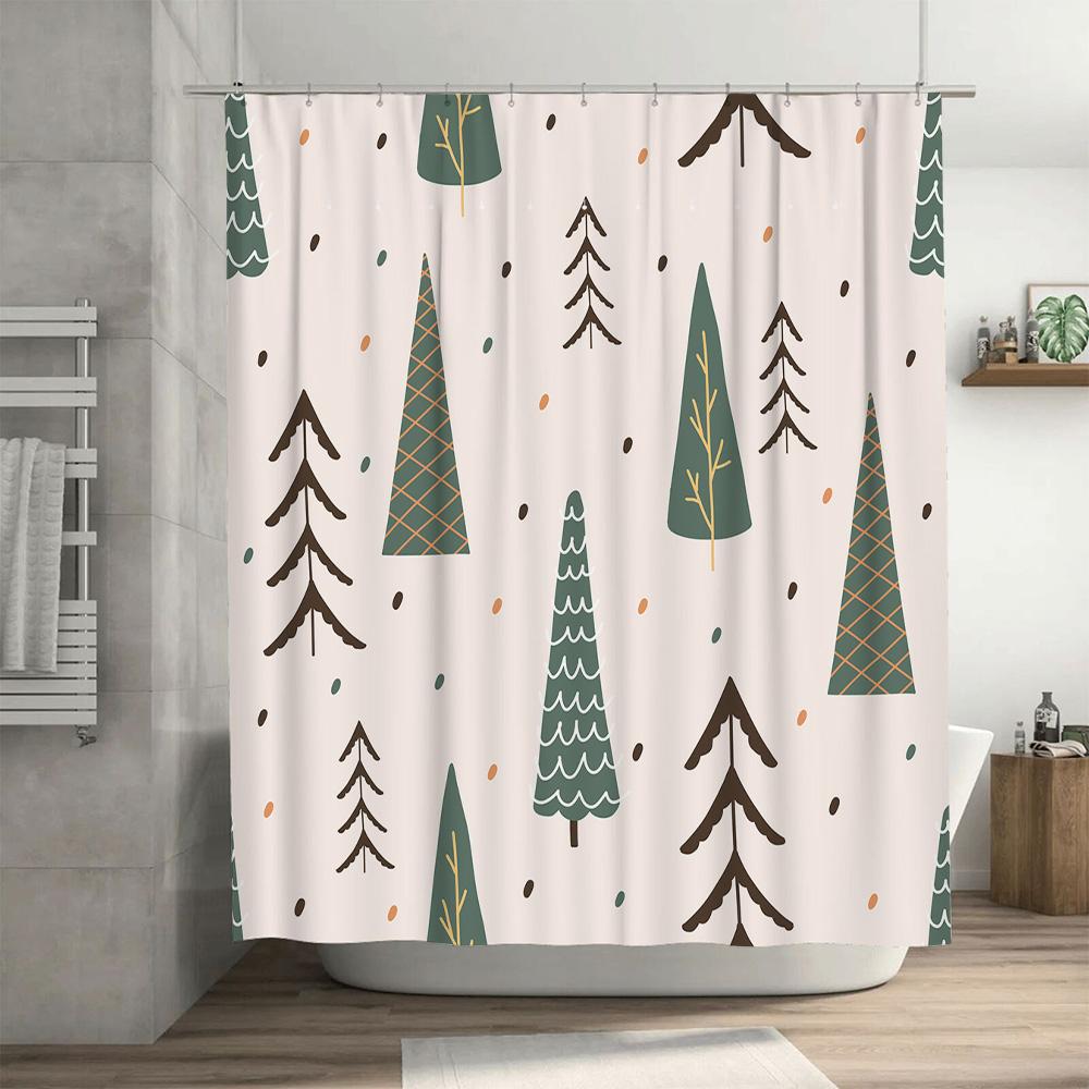 Vintage Christmas Trees Shower Curtain Set Green Forest Decor With Pine Cones For Bathroom Decor In White Waterproof Fabric (Siz
