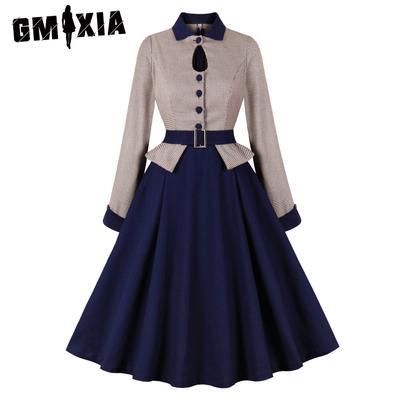 Color Contrast Collar Hollowed-out Plaid Patchwork Ruffled Waist Autumn and Winter Long-sleeved Vintage Dress