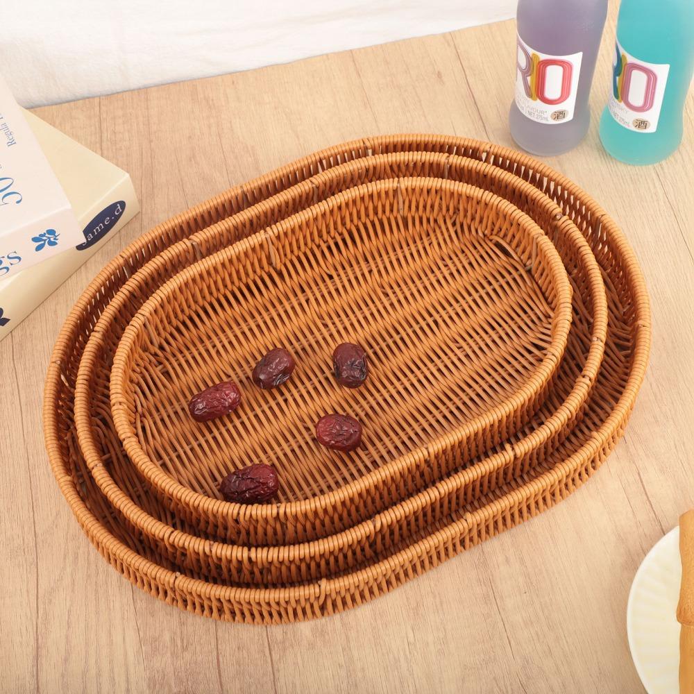 New Handwoven Food Plate Ellipse Shape Solid Storage Tray Plastic Rattan Serving Plate Storage Fruit Vegetable Cake