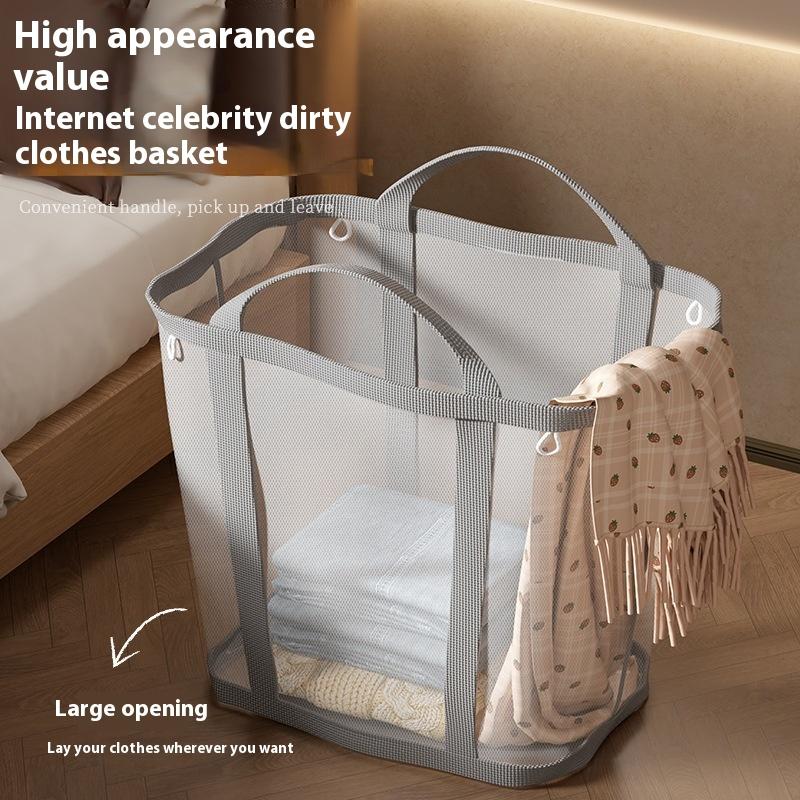 Portable Dirty Clothes Organizer Bags Breathable Nylon Mesh Laundry Basket With Handle Folding Large Capacity Toys Storage Bag