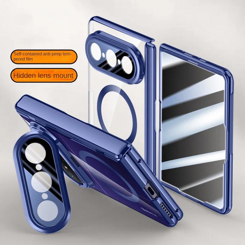 Magnetic Ring Transparent Privacy Screen Tempered Glass Protector Case For Huawei Pura X Max Spring Hinged Holder Back Cover