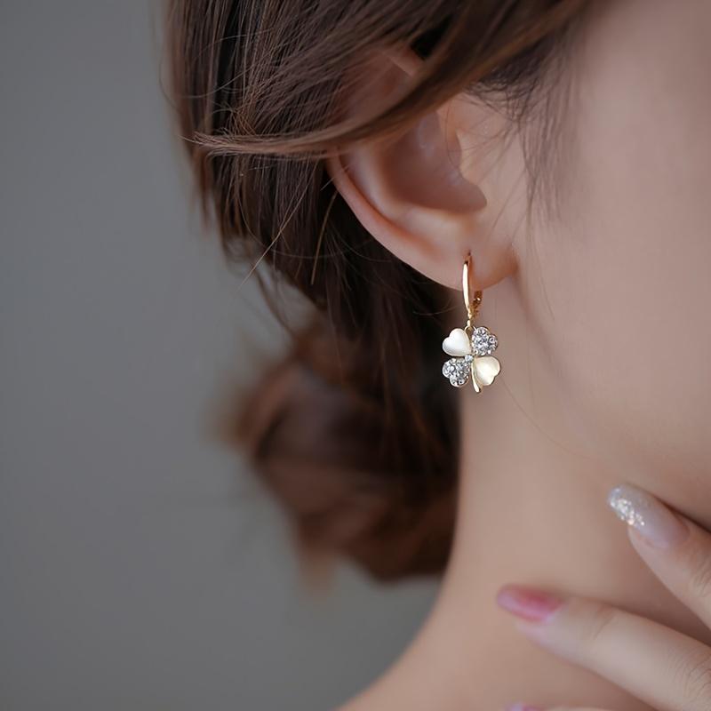 Elegant 4-Leaf Clover Rhinestone Earrings - Golden Studs & Dangle Pendant, Sparkly Fashion Jewelry for Women, Gift for Her