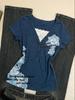 Vintage Blue Floral V-Neck Lace Trim Short Sleeve T-Shirt