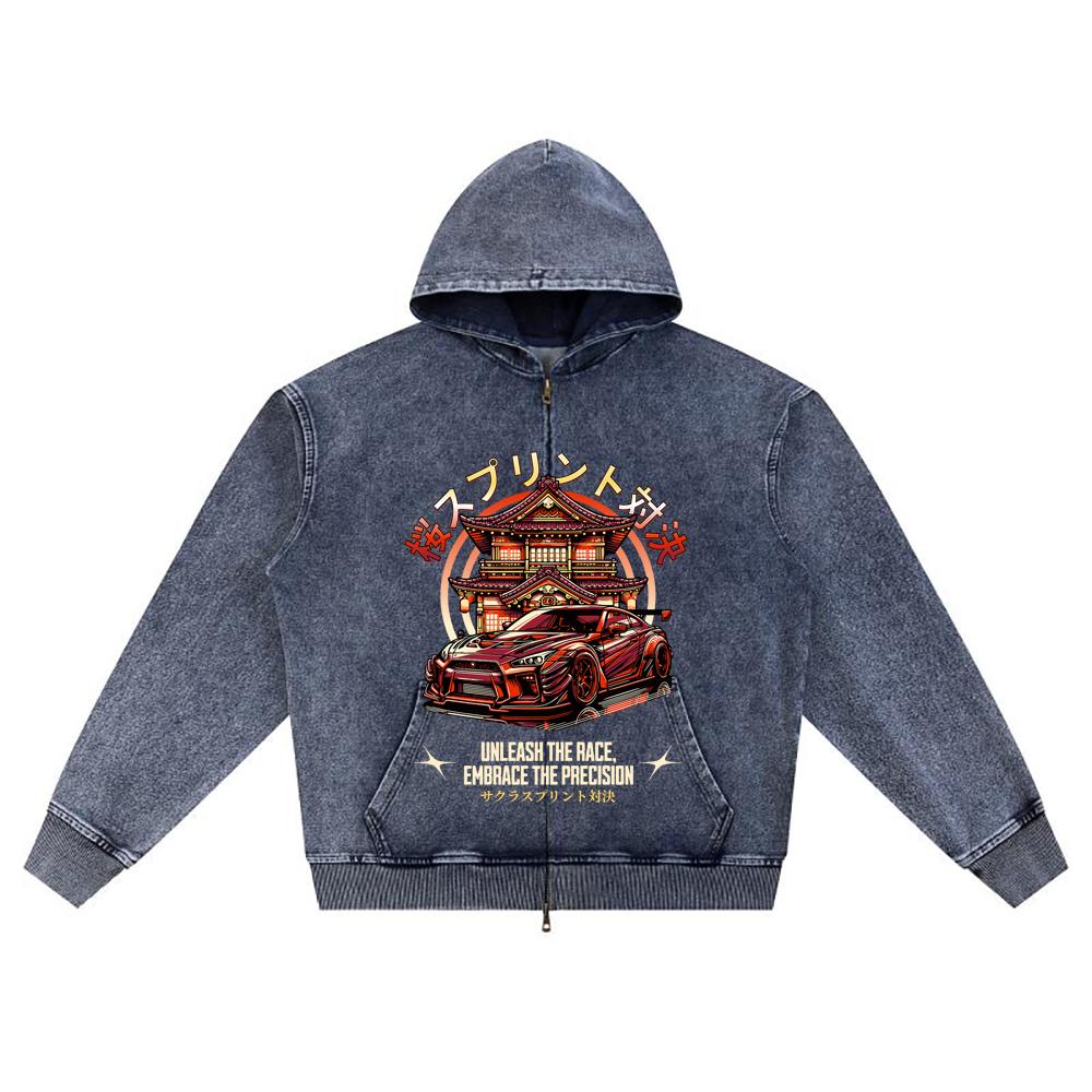 DTG print Knitted Denim Zip-Up Hoodie Precision Brother Print Zipper Hoodies  