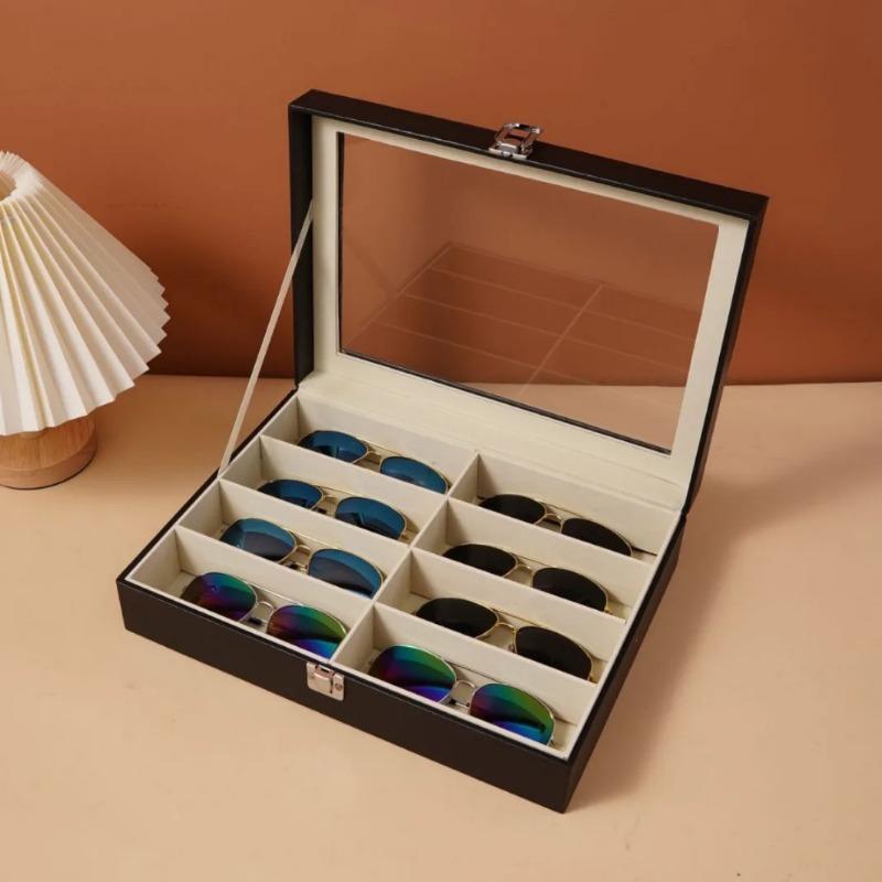 Leather fashion sunglasses storage box multi grid large capacity organizer for sunglasses jewelry display collection storage box