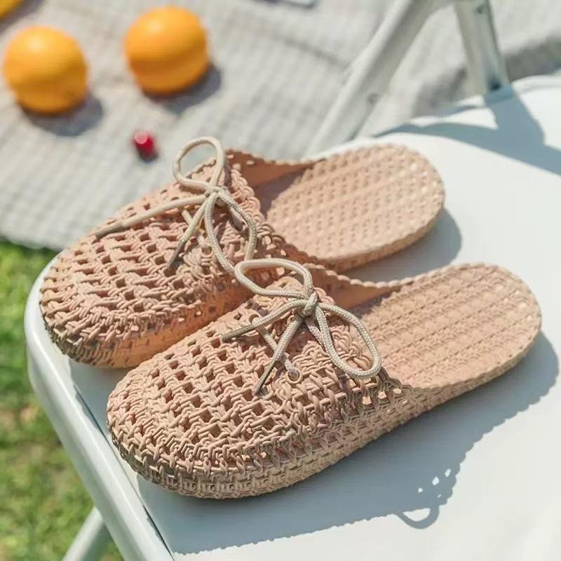 Damen Sandalen Sommer Hohl Zehenkappe Weibliche Flache Hausschuhe Outdoor Lässig Strand Einfarbig Atmungsaktiv Weich Damen Lochsandalen