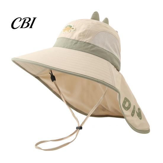 Dinosaur Fishing Hat for Kids Sun with Solar Fan, Wide Brim UV Protection Beach Babies Neck Flap, Summer Cap Boys Girls Camping
