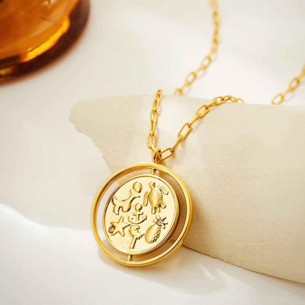 

Rotating Message Letter Signet Round Pendant Necklaces Two-sided Retro Sun Moon Necklace for Women Stainless Steel Zircon Gift