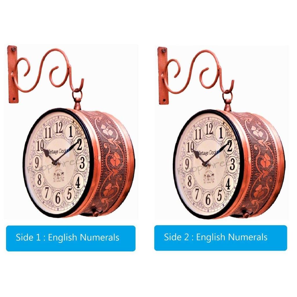 (6 ZOLL - Zweiseitige englische Zahlen) Vintage Uhr Eisen Handgefertigt Doppelseitige Analoguhr , Roségoldenes Finish, Blumendesign