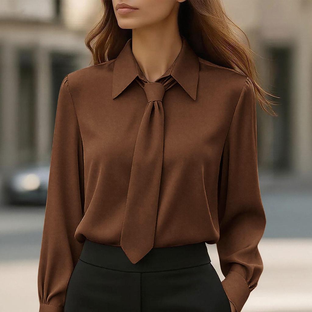 Women's Fashion -Color Button-Down Tie-Front Long-Sleeve Shirt Loose-Fit Top