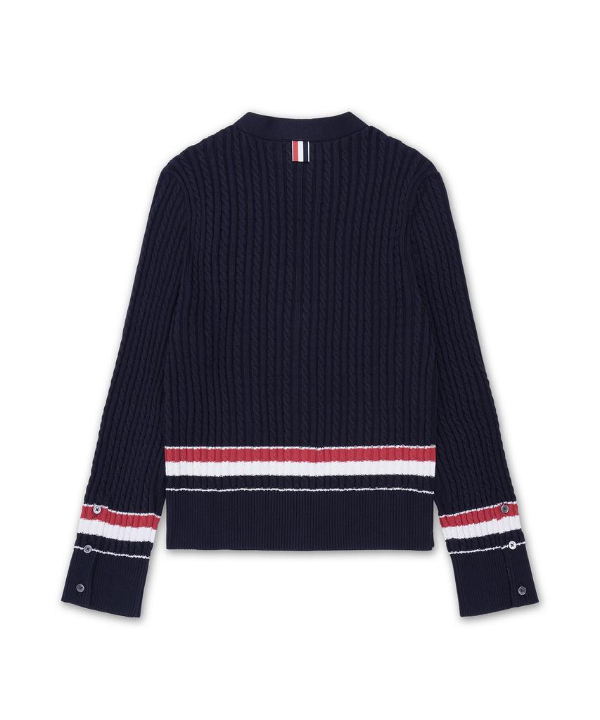 Thom Browne Rwb Striped Cotton Baby Cable V-Neck Cricket Cardigan - Navy / Mkc640Ay3014415