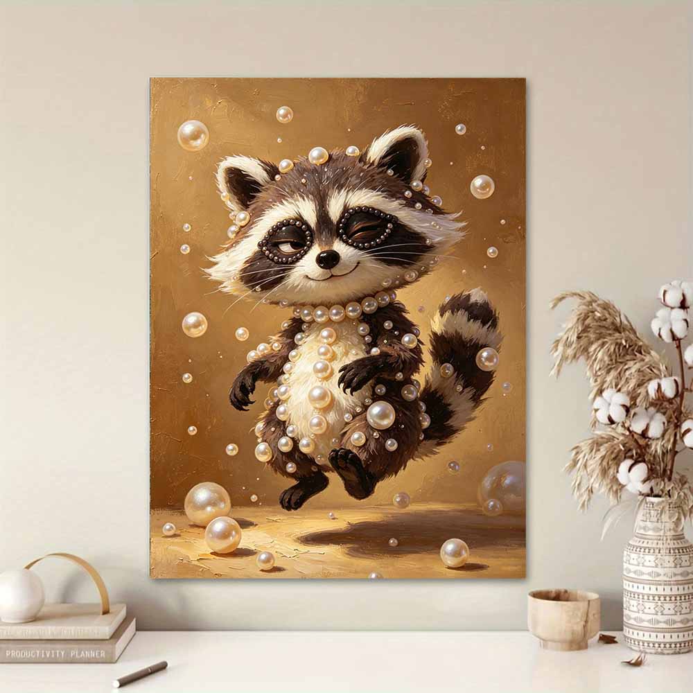 Adorable Raccoon with Pearls Framed Pearl Painting Kit DIY 3D Sparkling Bead Canvas Art Relaxing Handmade Craft Gift for Women
