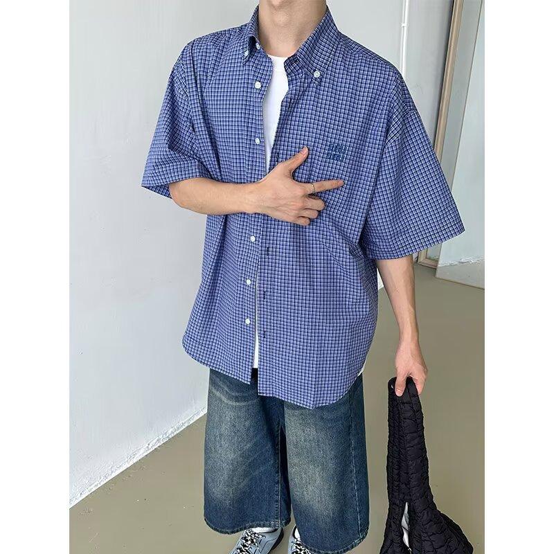 Men s Vintage Style Plaid Pattern Short Sleeve Button Up Casual Shirt M синий