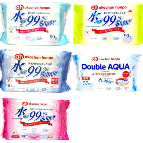 [5-Pack Trial Set] Akachan Honpo Super Baby Wipes for Newborns (90 Sheets X 1 Pack) + Thick Wipes (60 Sheets X 1 Pack) + Hand and Mouth Wipes (90 Shee