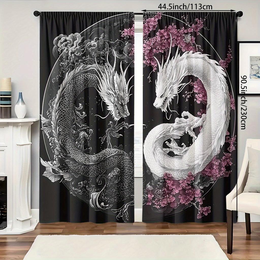Zasłona Poliestrowa 2szt. Poliestrowa Zasłona Filtrująca Wzór HD Cyfrowy Czarno-Biały Smok do Dekoracji Domu