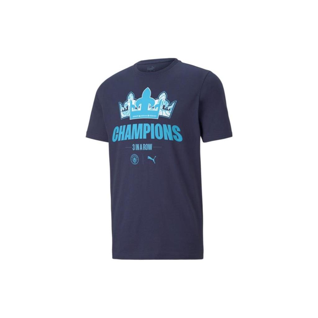 Puma Mcfc Pl Winners Tee Letter Pattern Crew Neck Short Sleeve T-Shirt Men Tops Navy-Blue 778853-03
