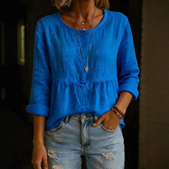 Women Tops Long Sleeve Round Neck Loose Fit Pullover Tops with Pleated Hem Pure Color Spring Summer Casual Shirt
