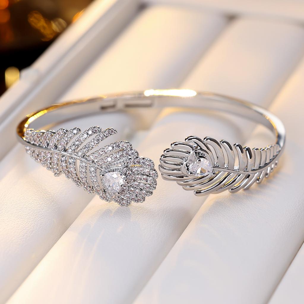 Inlaid Zirconium Open Bracelet European and American Style Asymmetrical Double Feather Exquisite Commuting Versatile Bracelet