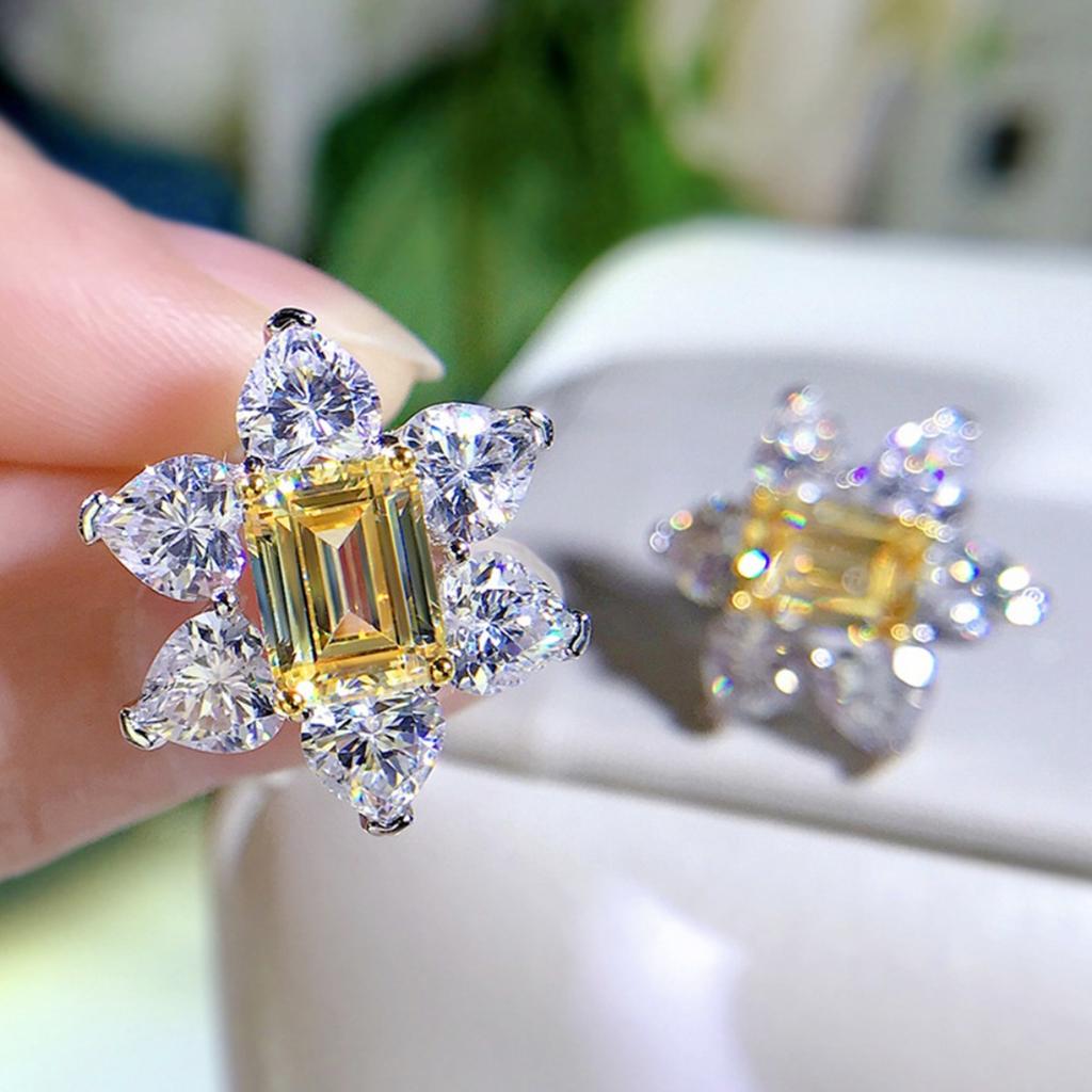 Yellow Zircon Flower Stud Earrings Sparkling Wedding Banquet Jewelry