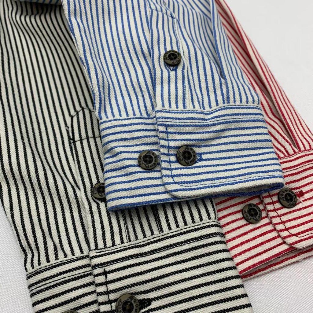 Unisex Retro Japanese Khaki Striped Long-Sleeve Shirt