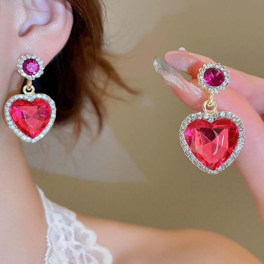 Inlaid Rhinestone Love Pendant Earrings for Women European and American Palace Style Drop Earrings Light Luxury Zircon Gifts