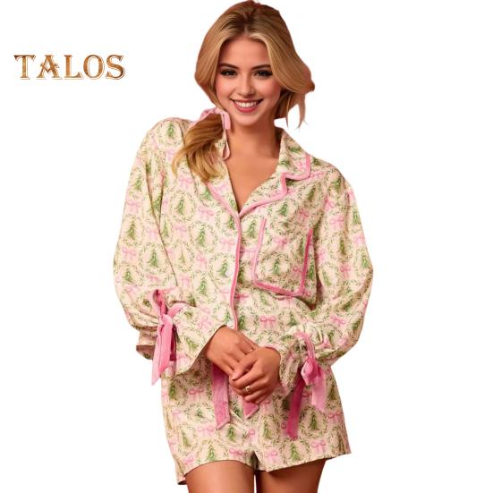 

2 шт./комплект рождественской пижамы с отложным воротником, однобортный кардиган с цветным принтом и бантом, топ, эластичная резинка на талии, шорты, одежда для сна, одежда для отдыха Санты M зелёный