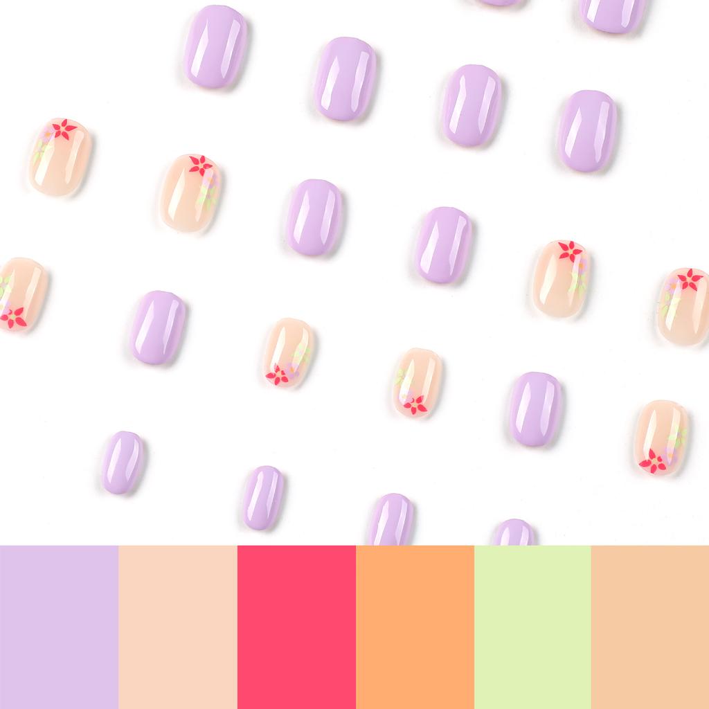 Maniküre lila Nagelstück tragen rosa lila grün dreifarbige Blume Nagel tragen kurze Maniküre-Stück Nagel tragen falscher Nagel