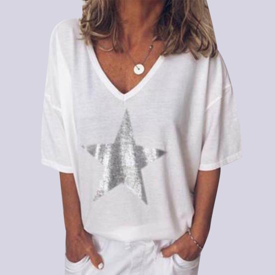 Letní dámské tričko plus size s hvězdicovým výstřihem do V a krátkým rukávem, jednobarevný volný top