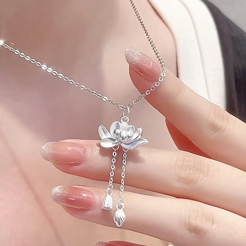 S925 Sterling Silver Two Lives Lotus Necklace - Women's National Style Fashion Clavicle Chain