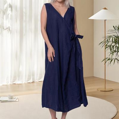 Women's Sleeveless Cotton Linen Midi Dress Loose V-Neck Tie Waist Wrap Dress Summer Casual Beach Sundress