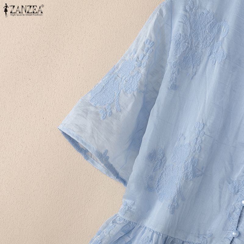 ZANZEA Women Elegant Embroidery Lace Patchwork Casual V-Neck Short Sleeve Blouse