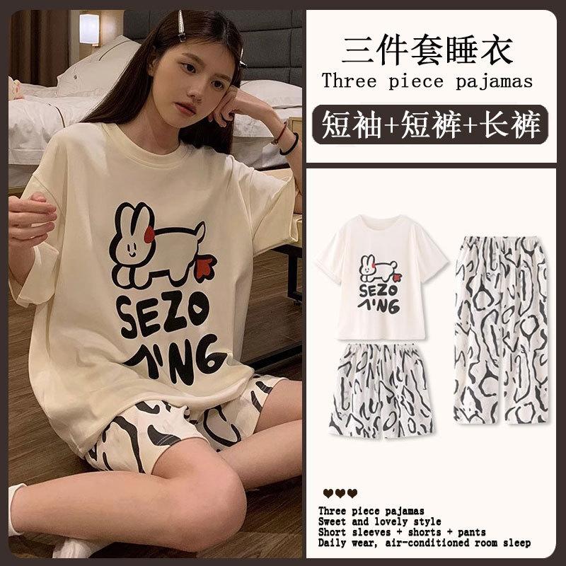 

Smiley pajamas women s short-sleeved three-piece set, sweet girls loungewear, casual sports can be worn outside women s suit, spring and autumn XXL