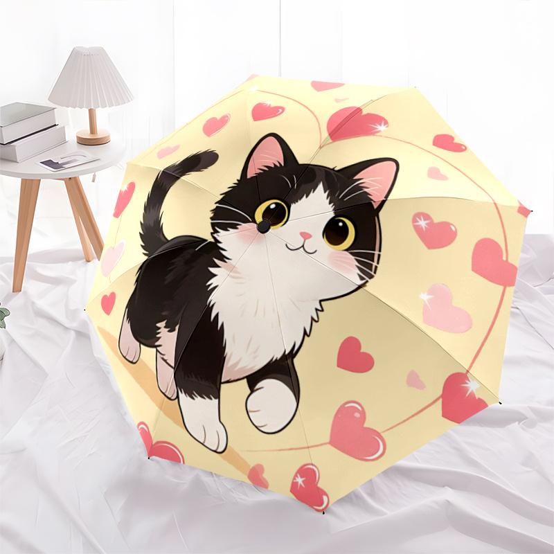 1pc Love Cat Design Automatic Umbrella Design, Cute Cartoon Pattern, Portable Outdoor Umbrella, Perfect P063