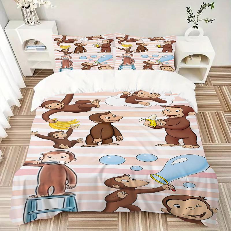 3pcs Curious George Monkey Bedding Set-Perfect for Bedroom, Guest Room, Living Room, Hotel Decor | Ideal Gift for Fans, Travelers, Daily Use