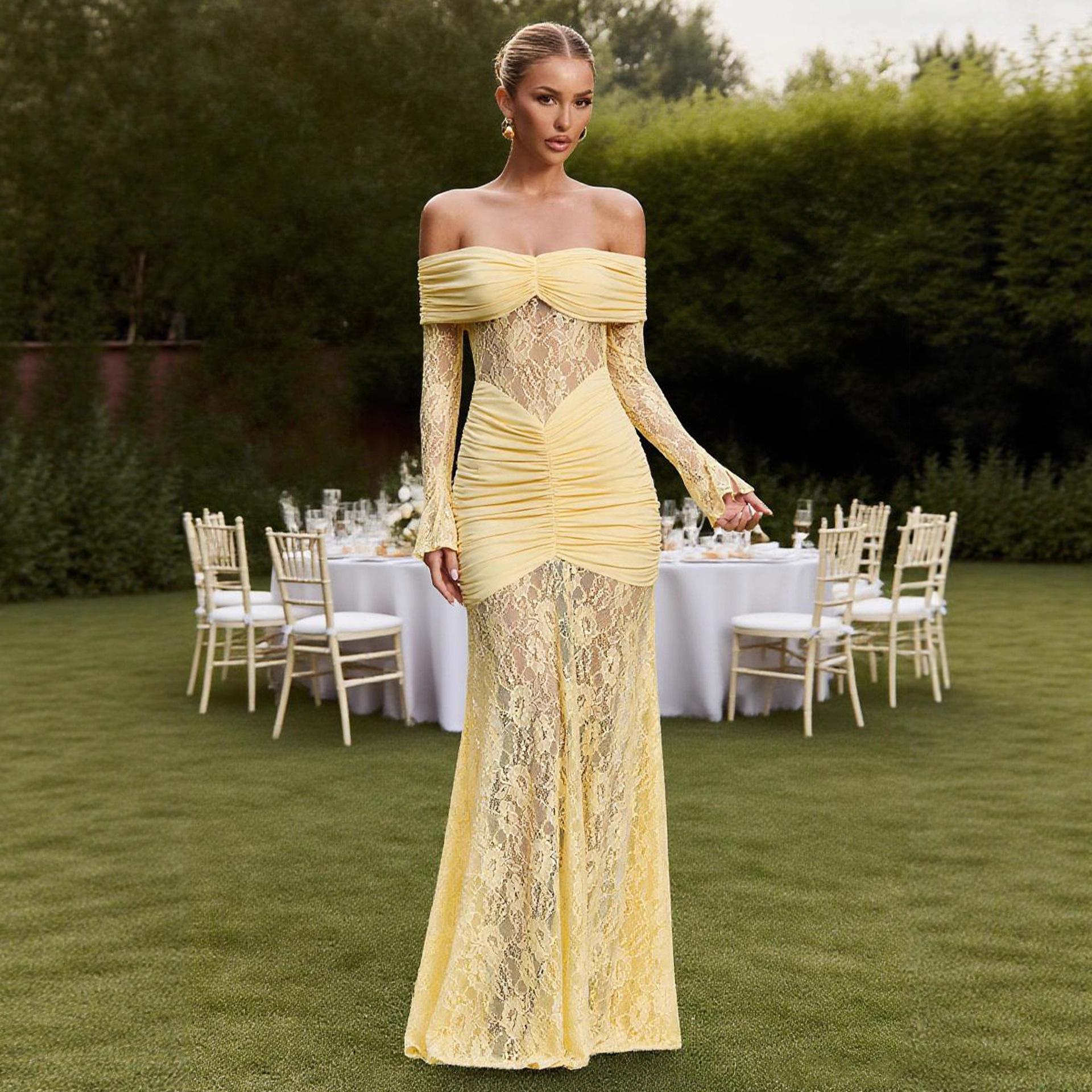 European and American temperament lace one-word collar shoulder-free long dress fashionable and sexy long-sleeved backless slim dress women S жёлтый