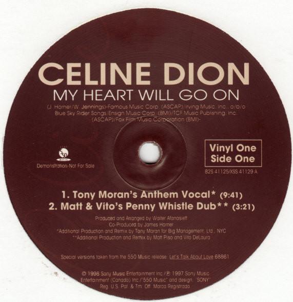 12-дюймовая пластинка CELINE DION My Heart Will Go On B2S41125PROMO 1998 США Cana Dance Электроника Б/у