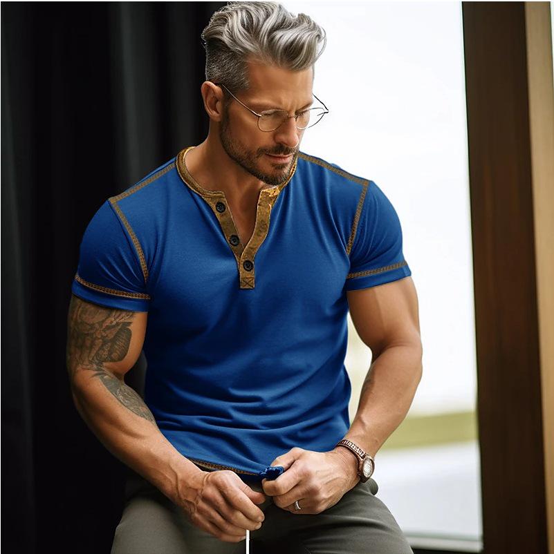 

Летняя мужская спортивная футболка с колор-блоком, с открытым воротником, приталенная - Район, похожий на хлопок, микроэластичная XXXL