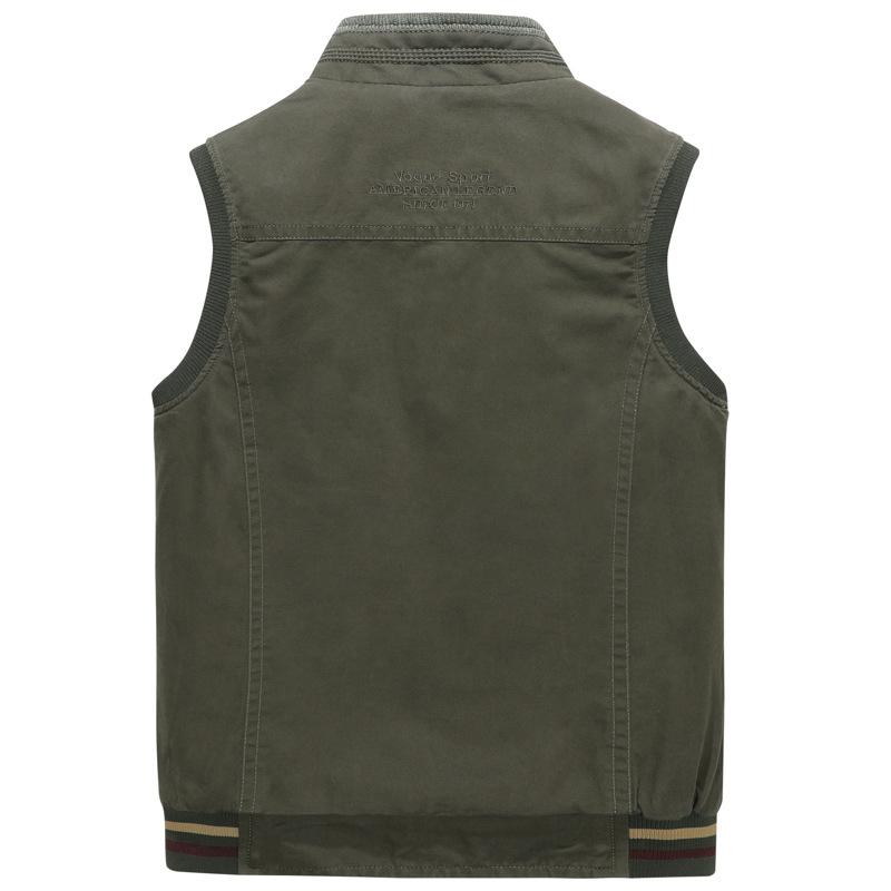 Chaleco de talla grande para hombre, chaqueta informal, estilo holgado de primavera y otoño, de algodón, con múltiples bolsillos, con cremallera, resistente al viento, chaqueta sin cuello y sin mangas para hombre